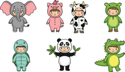 Cute kids wearing animal costumes cartoon illustration set including elephant, pig, cow, dinosaur, turtle, panda, and crocodile suits.