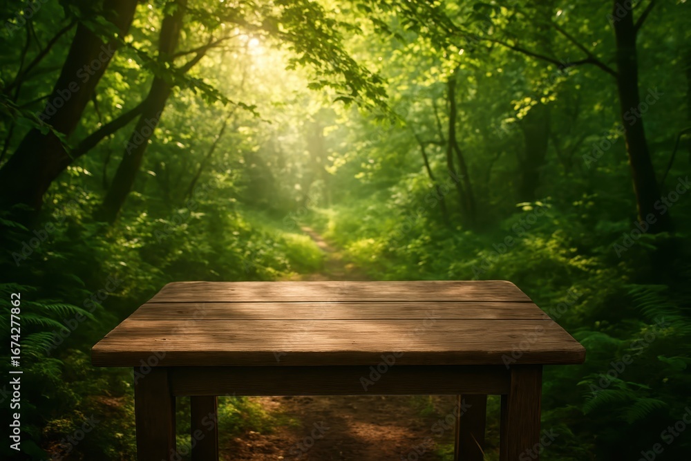 Poster enchanted forest table in nature with sunlight filtering through green trees