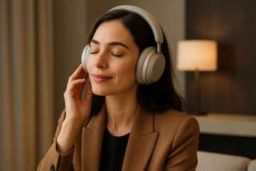 Elegant woman enjoying premium wireless audio experience with luxury noise-canceling headphones