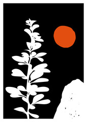 Thyme leaf silhouette with orange accent background and wallpaper for calm, peaceful floral design. Perfect for posters, prints, branding, packaging, invitations, and artwork.