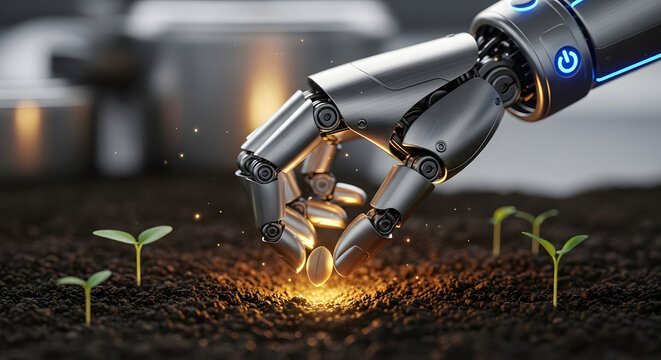 Robotic hand gently plants a seed amidst emerging sprouts a blend of nature and technology