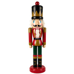 Vibrant wooden nutcracker figurine hand painted in festive colors set against a crisp white backdrop Perfect for holiday designs, isolated