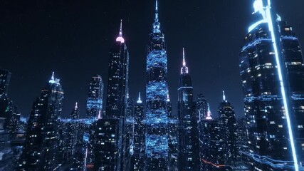 A dazzling futuristic city skyline at night, with towering skyscrapers illuminated by vibrant blue and purple neon lights. - Powered by Adobe