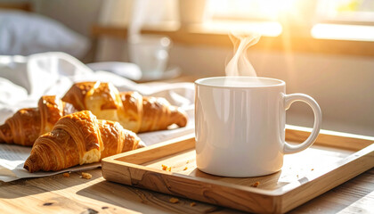 Morning Bliss Croissants and Coffee on a Tray with Sunlit Background