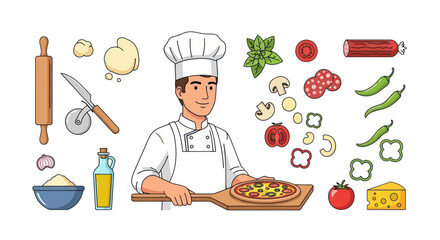 Cheerful Chef Presents a Freshly Baked Pizza Surrounded by Ingredients Illustration