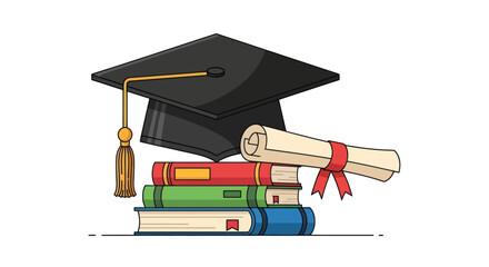 Cartoon depiction of education attainment symbolised by graduation cap diploma and books
