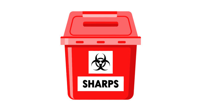 Illustration of a specialized red sharps disposal container for healthcare waste management