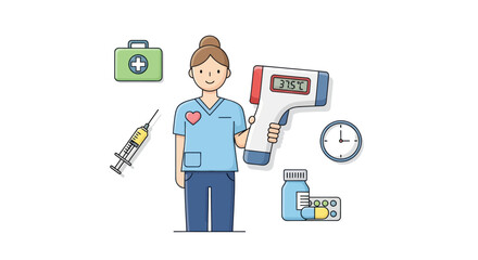 Cartoon Illustration of a Healthcare Professional with Medical Equipment and Supplies