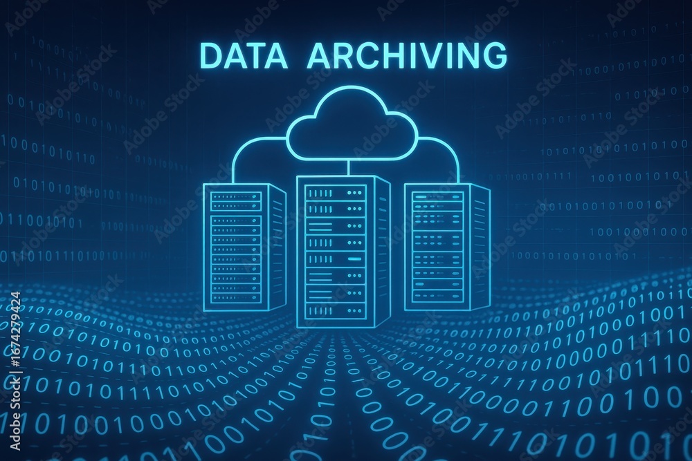 Aufkleber digital data management system showing archive storage and cloud retrieval infrastructure for modern