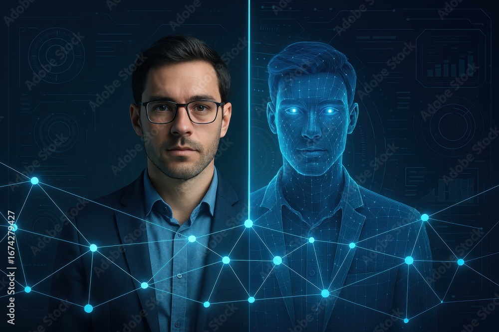 Poster digital avatar and real person face to face representing virtual identity and human connection in mo
