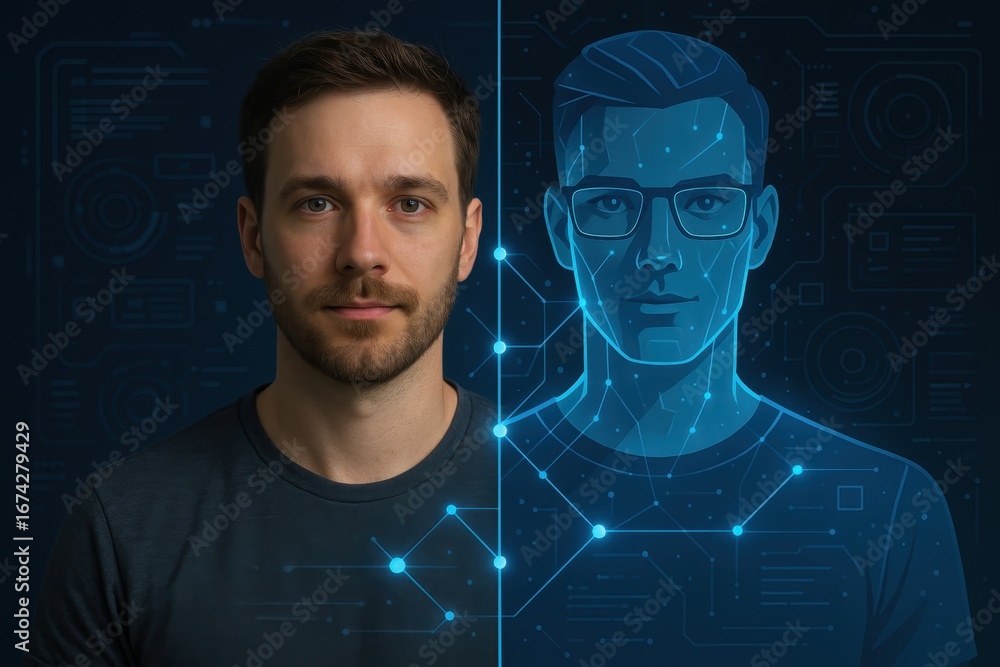 Poster digital avatar and real person face to face representing virtual identity and human connection in mo