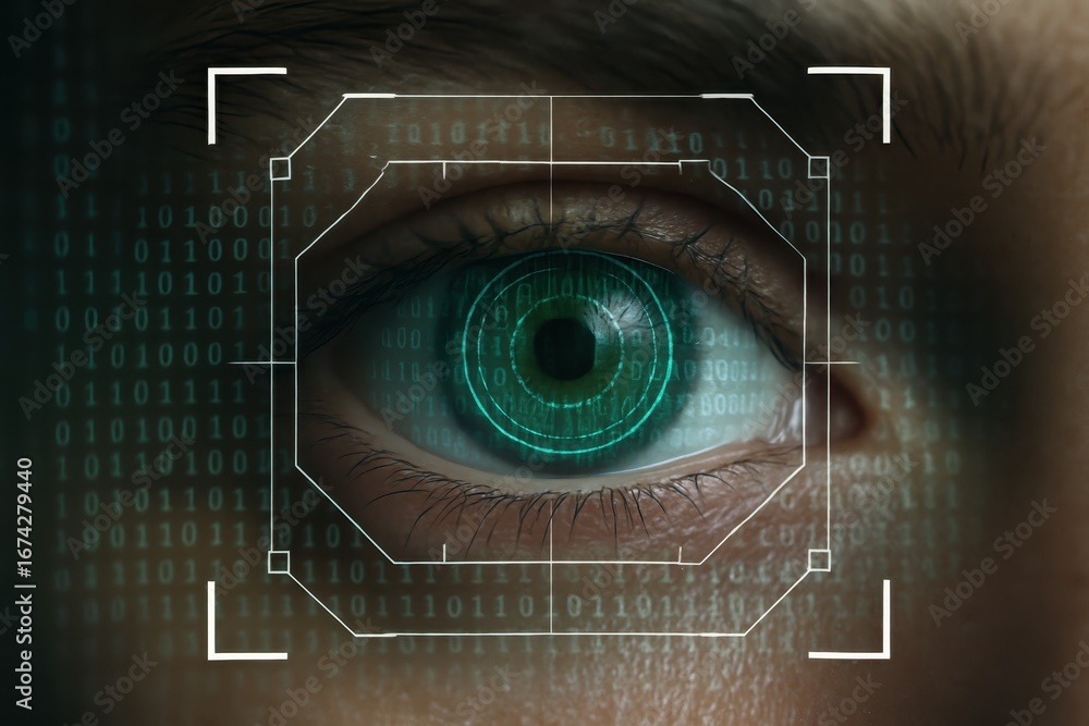 Aufkleber cybersecurity concept with human eye scanning digital data patterns and network security