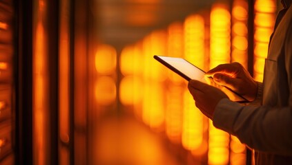 Technician using tablet in server room (1)