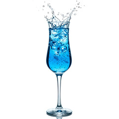 A refreshing blue cocktail in a tall flute glass bubbling with effervescence and sparkle against a white backdrop, isolated