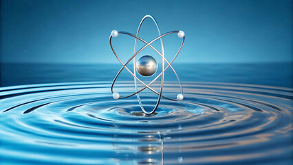 Atom model on water surface with ripples - science and technology concept