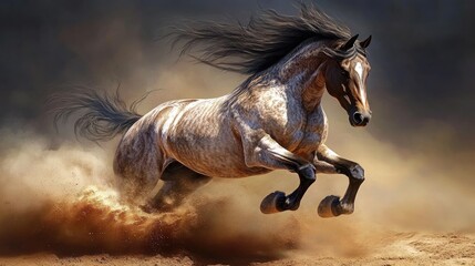 A close-up view of a wild stallion galloping across a dusty desert terrain