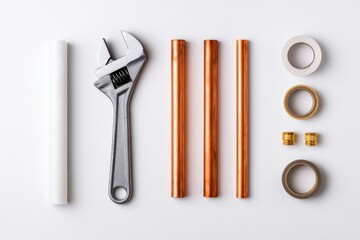 Plumber's equipment on white surface for repairs or installation, overhead shot