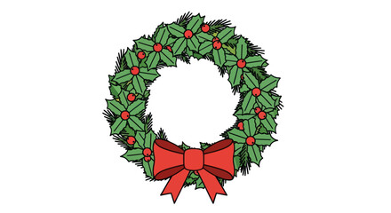 Festive christmas wreath illustration with vibrant red bow for holiday decorations