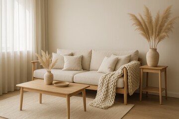 Cozy Nordic living space with natural wood furniture and soft neutral textiles creating hygge atmosphere
