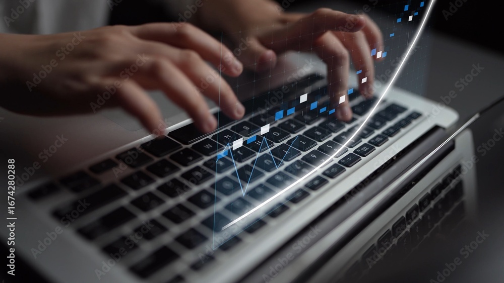 Poster a close-up view of hands typing on a laptop, showcasing a digital data visualization. this image rep