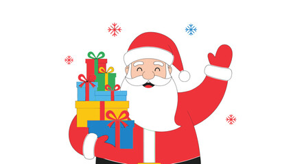 Jolly santa claus carrying gifts, waving with snowflakes in the background graphic