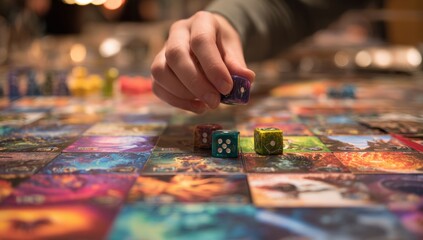 Hand holding dice over a tabletop game
