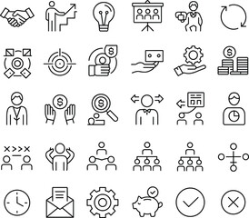 Business and finance line icon set including handshake, teamwork, strategy, money, piggy bank, presentation, leadership, growth, investment