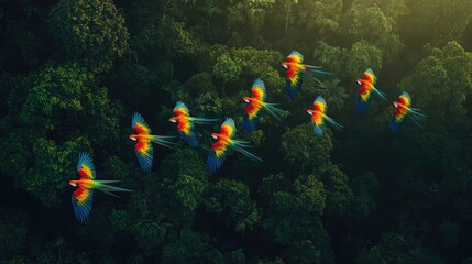 A flock of macaws flying elegantly above a deep rainforest canopy