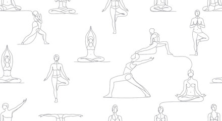 Seamless patterns with diverse yoga poses in continuous line style for wellness and exercise themes