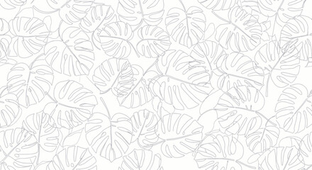 Monstera Leaf Outline Pattern Design in Elegant Grey and White Scheme, Delicate Tropical Flora