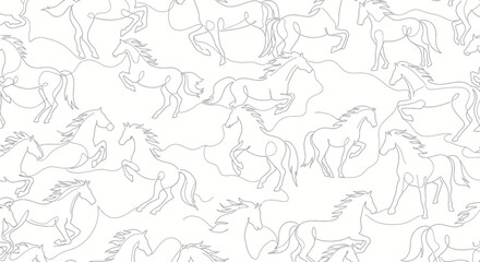 Seamless pattern featuring minimalist line art of galloping and rearing horses on white backdrop