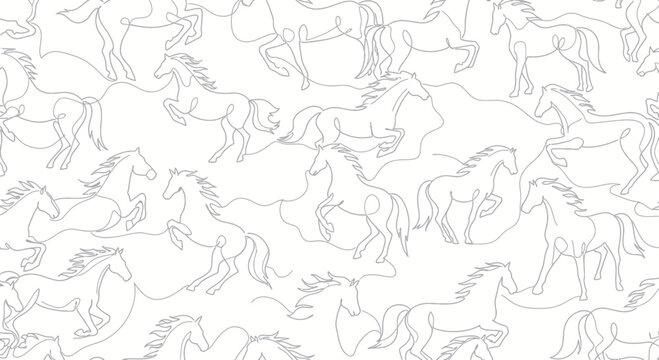 Seamless pattern featuring minimalist line art of galloping and rearing horses on white backdrop