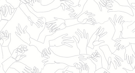 Monochrome line art of hands reaching and interacting in a continuous fluid pattern