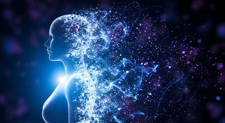 Abstract depiction of human consciousness dissolving into particle universe