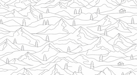 Seamless mountain landscape pattern with outlined evergreen trees and cabins drawing