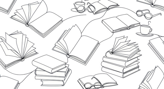 Continuous line drawing of books, glasses and a cup of coffee for a study environment