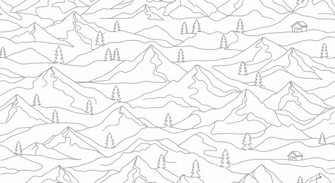Seamless mountain landscape pattern with outlined evergreen trees and cabins drawing