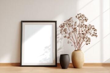 Blank framed art print, dried flowers in vase, minimalist interior