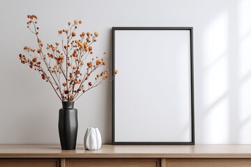 Minimalist display with a framed print and dried orange blooms