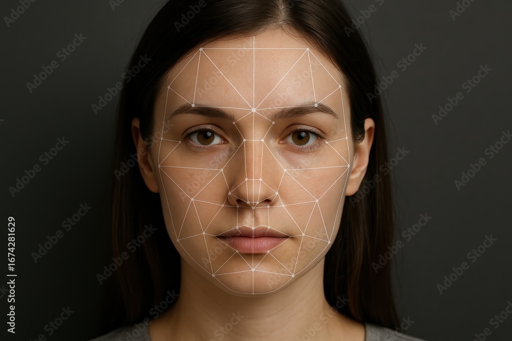 Poster advanced facial recognition technology with biometric scanning grid overlay