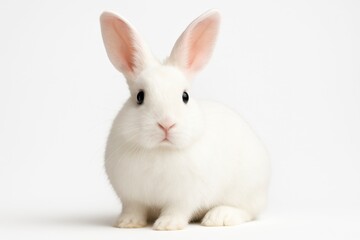 Adorable white bunny rabbit sitting upright isolated on clean background