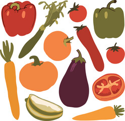 Vector Illustration of Assorted Roasted Vegetables – Bell Pepper, Carrot, Pumpkin, Eggplant, Tomato, Melon Slice
