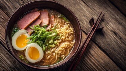 A delicious bowl of traditional Japanese ramen noodle soup, featuring savory pork, a soft-boiled egg, and fresh scallions on a rustic wooden background