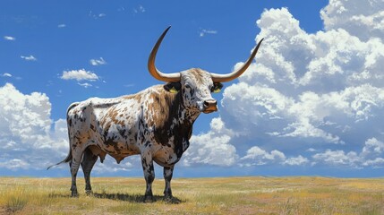A majestic longhorn steer standing proudly in an open Texan prairie