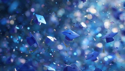Graduation caps floating in confetti