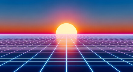 Retro futuristic landscape with sun and grid perfect for nostalgic designs