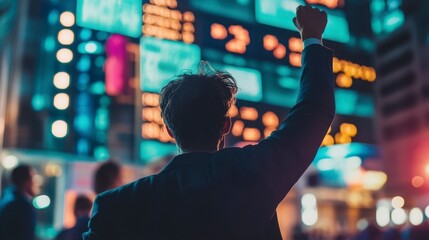 Businessman celebrates success, arm raised, against vibrant city night backdrop of glowing stock ticker displays.