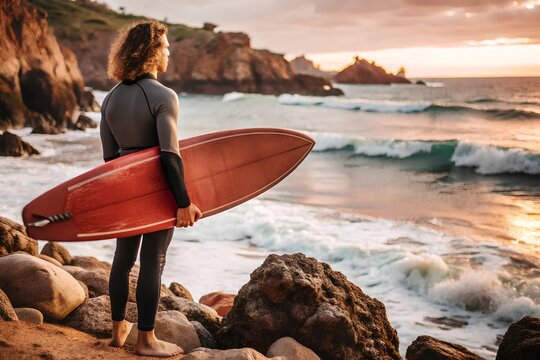 Surfer in black wetsuit holding red board on rocky shoreline at sunset, facing ocean with golden light and cliffs in tranquil coastal scene