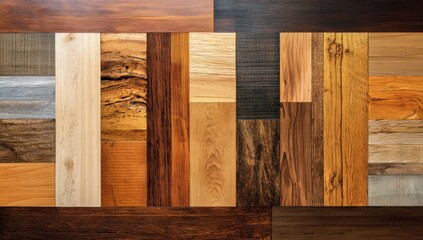 Wood plank flooring samples in various shades and textures
