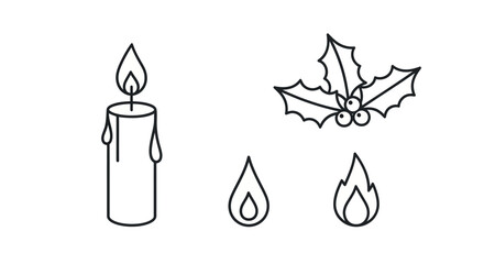 Elegant minimalist linear christmas design with candle flame and holly festive season